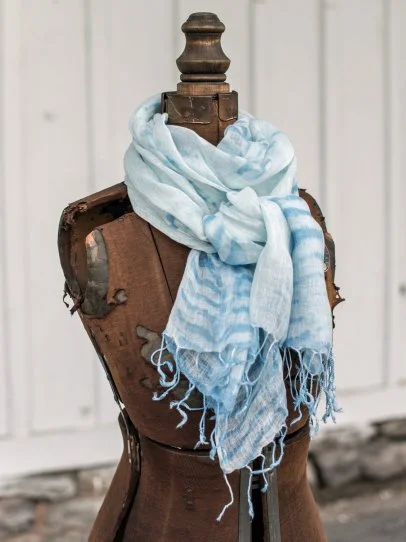 Artist Made Lightweight Tie Dye Scarf with Fringe, Silk and Rayon, Indigo Blue, Gray, White, Handmade, shops Summer, Gift for Her, Textile Art