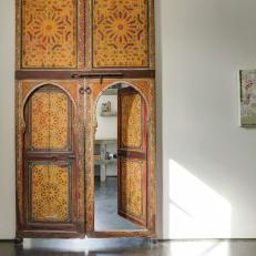 Decorative Patterned, Orange Asian Doorway With Latched Doorway Options and Matching Upper Panels 
