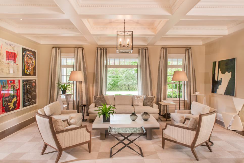 Light and Bright Living Room With Coffered Ceiling | HGTV