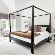 White Transitional Master Bedroom With Black Canopy Bed