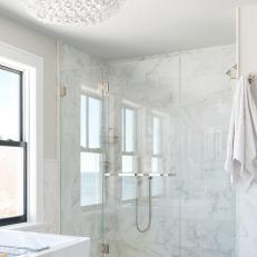 Marble Master Bathroom Shower With Glass Doors