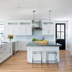 White Transitional Kitchen With Stainless Steel Island Countertop