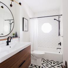 White And Black Eclectic Bathroom With Graphic Floor Tile