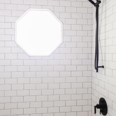White Subway Tile Bathroom Shower With Octagonal Window