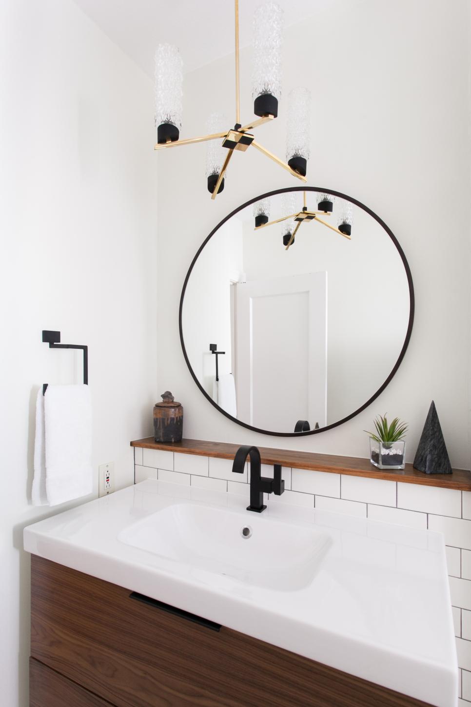 Contemporary White Bathroom Vanity With, White Vanity With Round Mirror