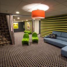 Bold Green And Black Playroom With Contemporary Denim Sectional