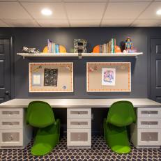 Stylish Black And Green Kid's Playroom With White Desk