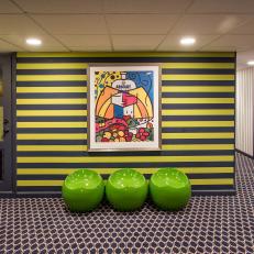 Citron And Black Striped Playroom Wall With Modern Green Stools