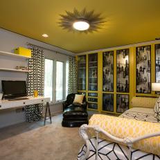 Gray And Yellow Teen Bedroom With White Desk