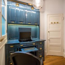Luxe Home Office With Glossy Blue Cabinets
