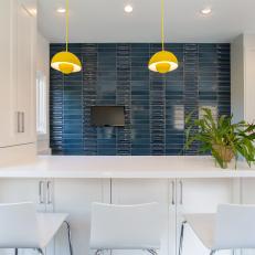 Contemporary Eat-In Kitchen With Navy Blue Ceramic Tile Wall