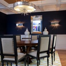 Unique Light Fixture and Burlap Ceiling in Navy Blue Dining Room