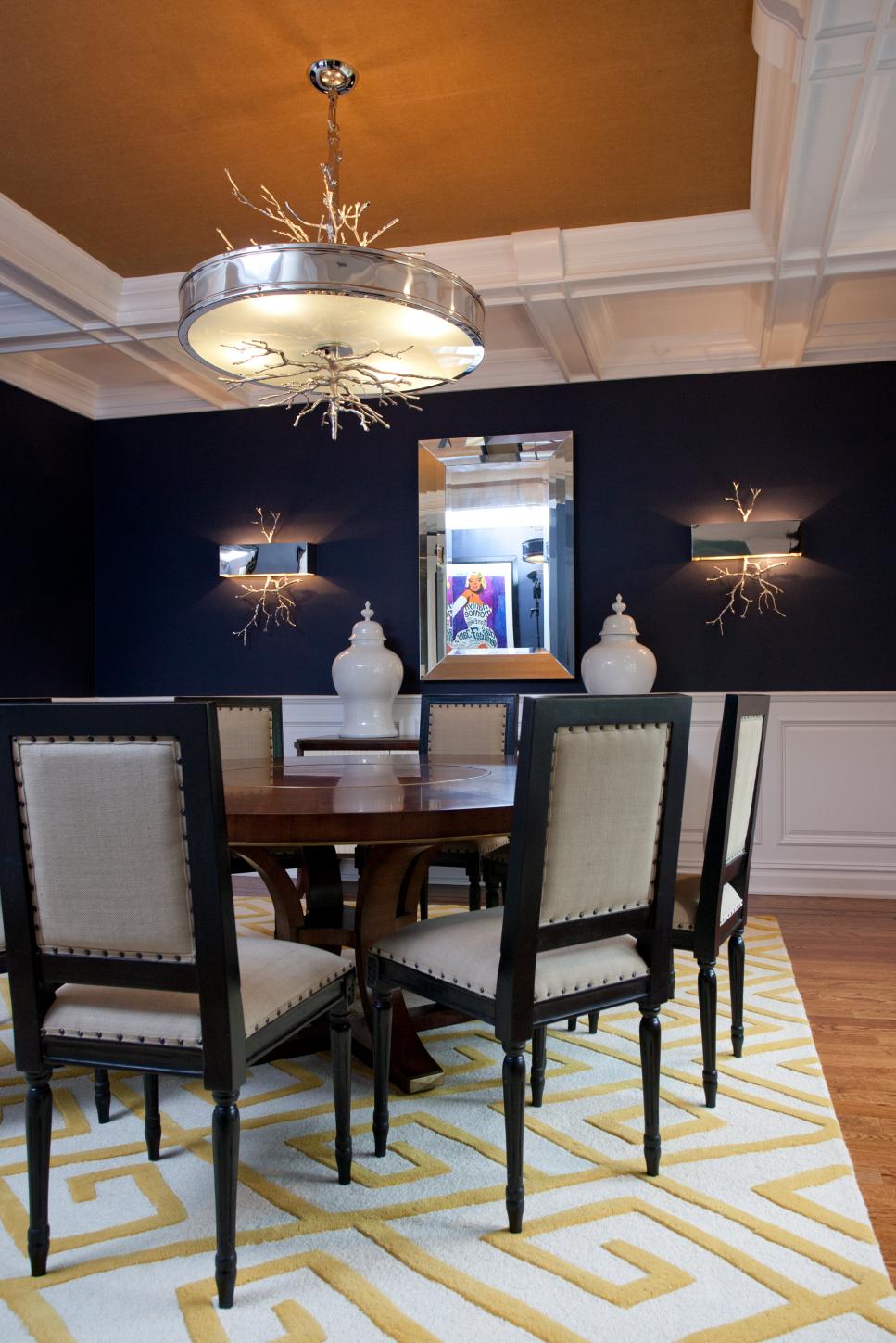 Unique Light Fixture and Burlap Ceiling in Navy Blue Dining Room | HGTV