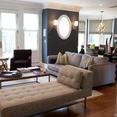 Navy Midcentury Family Room With Sofa and Chaise