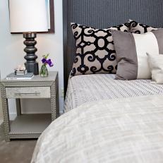 Contemporary, Gray Bedroom With Pinstripe Headboard