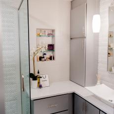 Contemporary Bathroom With Gray Cabinetry, White Tile Accent Walls and Vessel Sink Vanity 