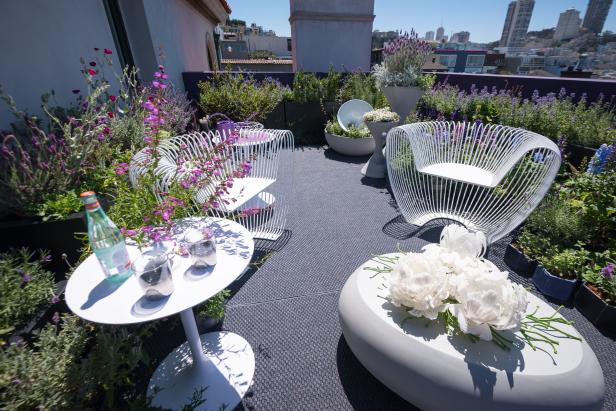 Flower-Filled Purple Terrace With City Views of San Francisco