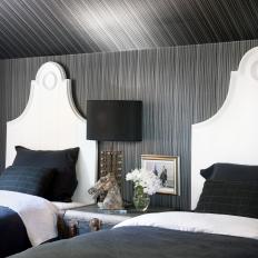Eclectic Black Bedroom With White Twin Headboards