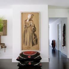 Eclectic White Living Room With Dark Hardwood Floors