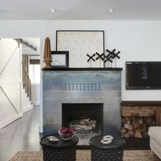 Eclectic Living Room With Steel Fireplace Surround