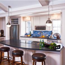 White Transitional Open Plan Kitchen With Barstools