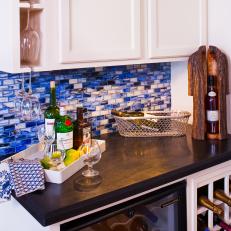 Blue Mosaic Tile Backsplash and Cabinets
