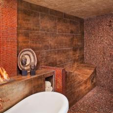 Metallic Asian Master Bathroom With Fire