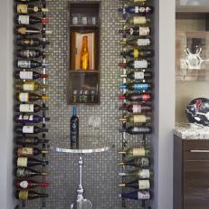 Contemporary Vertical Shelf Wine Storage in Tile Accent Wall Cubby With Polished Stainless Steel Table 