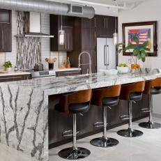 Gorgeous Contemporary Kitchen With Thick Gray Countertop Marbling, Wood Back Barstools and Vertical Tile Backsplash 