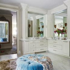 Gorgeous Built In Vanity With Neutral Cabinetry, Thick Molding and Marble Countertop in Traditional Bathroom 