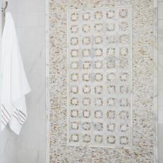 Detailed Tint Tile Accent Panel in White Marble Shower With Built in Bench and Mounted Towel Hook