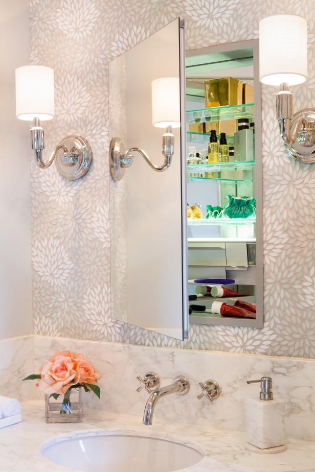 Neutral Foral Wallpaper Behind Medicine Mirror and
