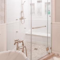 Gorgeous White Shower With Faux Fur Foot Rug, Neutral Wallpapered Cubbies and Wide Glass Entry 