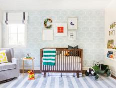 Contemporary Boy's Nursery With Damask Wallpaper