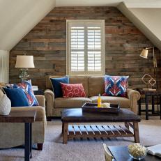 Neutral Transitional Family Room With Wood Accent Wall