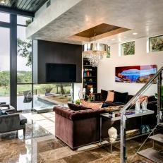 Contemporary Media Room With Glass Wall