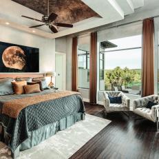 Brown and Gray Bedroom With Moon Art