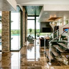 Glass and Stone Open Concept Living Area