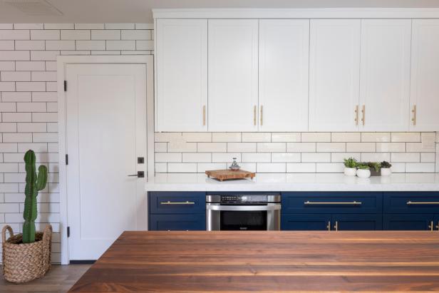 Transitional White Kitchen With Navy Cabinets