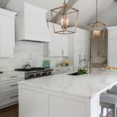 White Cottage Kitchen With Gray Barstools