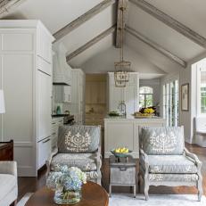 White Cottage Great Room With Exposed Beams