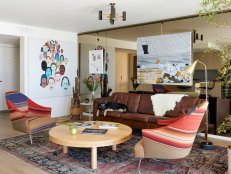 Eclectic Living Room With Serape Fabric Chairs & Brown Leather Sofa