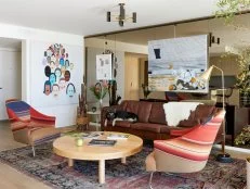 Eclectic Living Room With Serape Fabric Chairs & Brown Leather Sofa