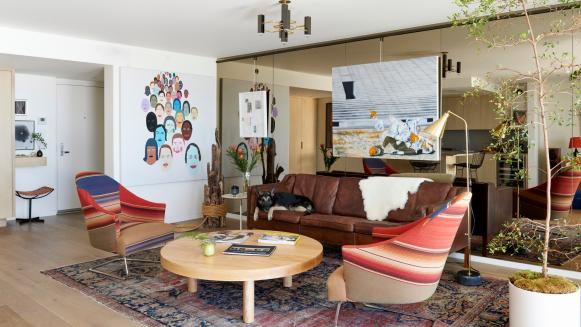 Eclectic Living Room With Serape Fabric Chairs & Brown Leather Sofa