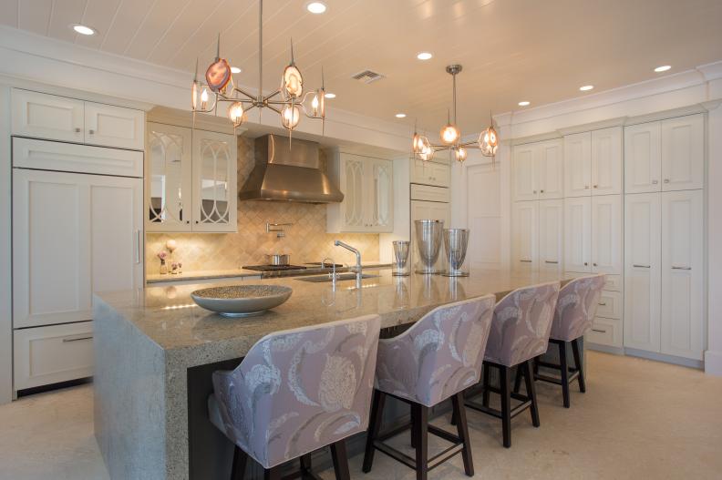 Transitional Kitchen With White Cabinets & Granite Waterfall Island