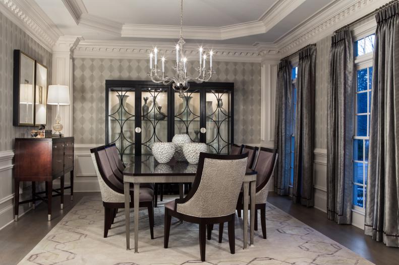 Gray Transitional Dining Room With Black & Neutral Chairs