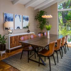 Neutral Midcentury Modern Dining Room With Silver Lamp
