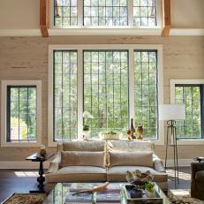 Neutral Rustic Family Room With Windows 