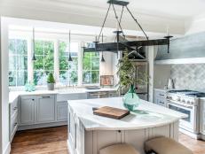 White Cottage Kitchen With Metal Chandelier