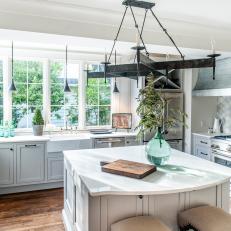 White Cottage Kitchen With Metal Chandelier